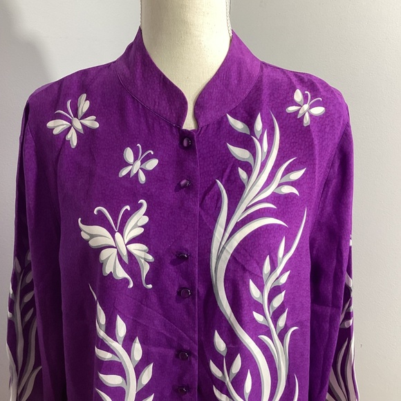 BOB MACKIE WEARABLE ART SIZE L 100% SILK PURPLE BLOUSE BUTTERFLY - Picture 2 of 11
